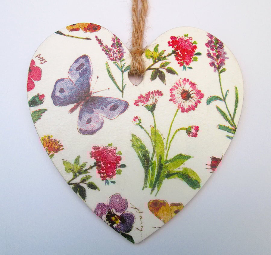 Butterfly and flowers wood decoupage heart hanging decoration