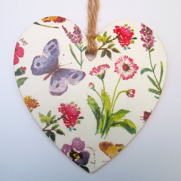 Butterfly and flowers wood decoupage heart hanging decoration