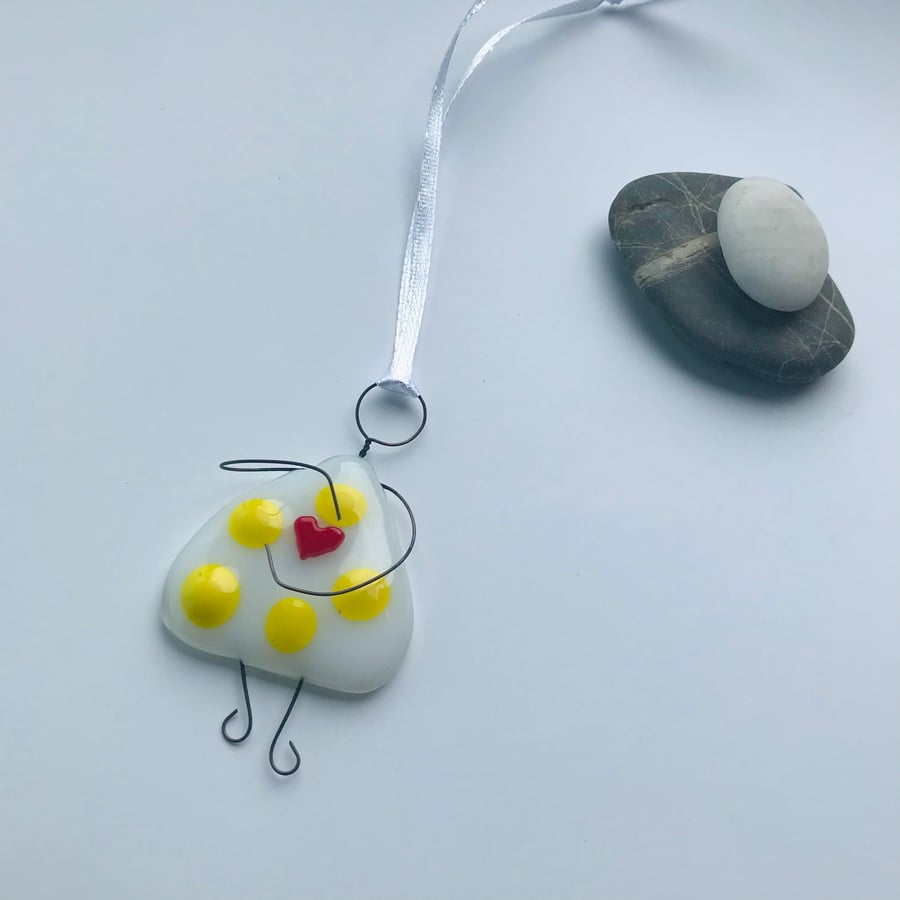  fused glass girl, hug, heart, gift for friend, yellow spotted dress