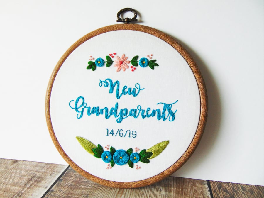 New Grandparents Custom Hand Embroidered Hoop - Pregnancy Reveal to Grandparents