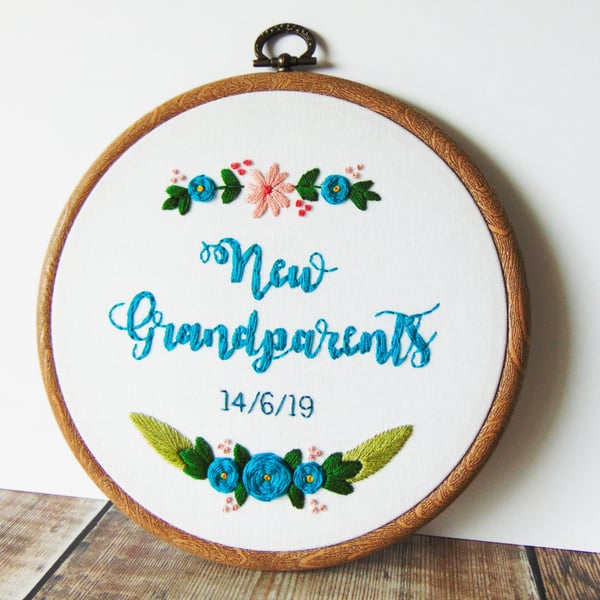 New Grandparents Custom Hand Embroidered Hoop - Pregnancy Reveal to Grandparents