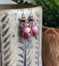 Ruby and Pink Czech Glass Earrings. Petite Wire Wrapped Antiqued Brass Earrings - Image 3