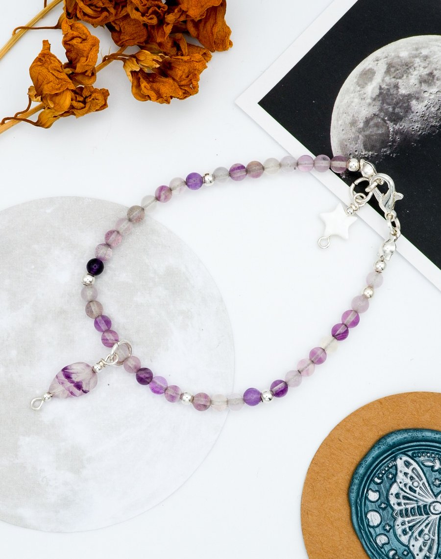 Cottagecore Sterling Silver Purple Fluorite Gemstone Beaded Leaf Bracelet 