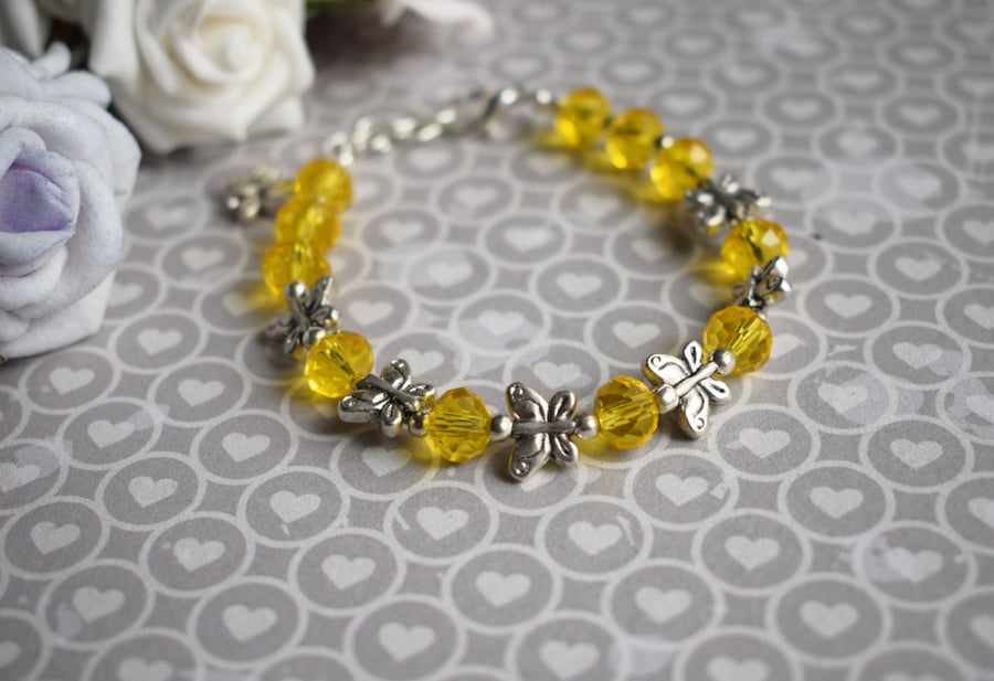 Butterfly Bracelet with Sunshine Yellow Glass Beads