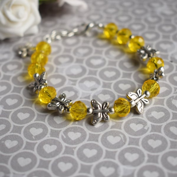 Butterfly Bracelet with Sunshine Yellow Glass Beads