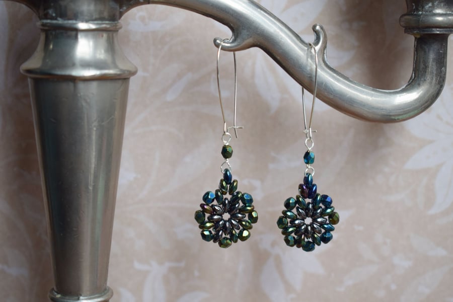 Sparkly Beaded Dangle Earrings in Jet Green Iris and Hematite