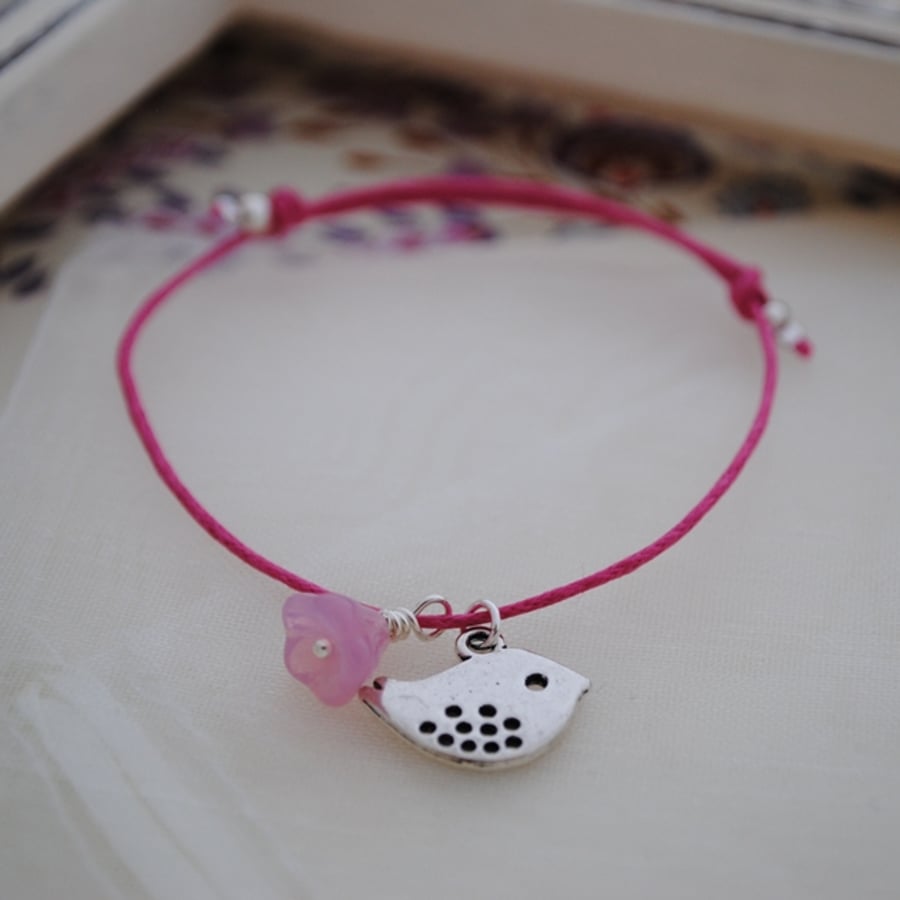 Silver bird & hot pink friendship bracelet
