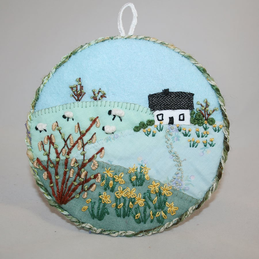 Daffodil Cottage - hanging, hand embroidered