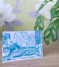 Winchester watermill original linocut print greeting card blank turquoise