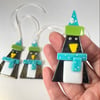  fused glass penguin  Christmas decoration in turquoise and green 