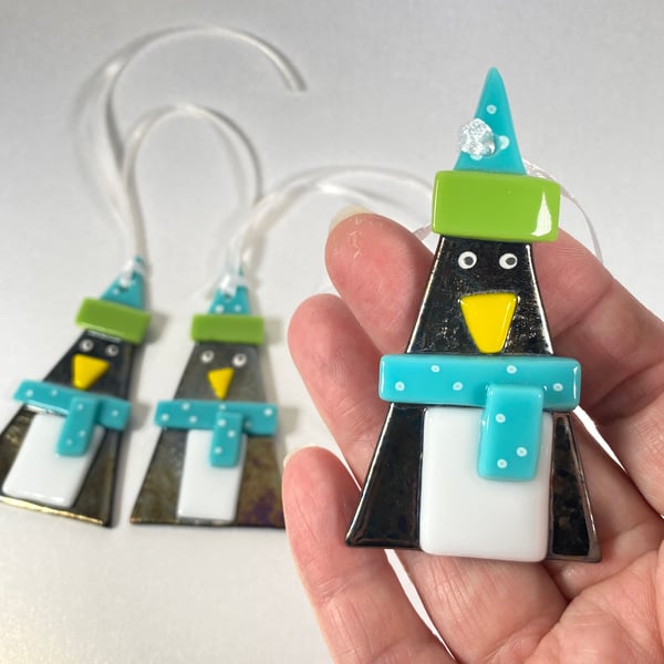  fused glass penguin  Christmas decoration in turquoise and green 