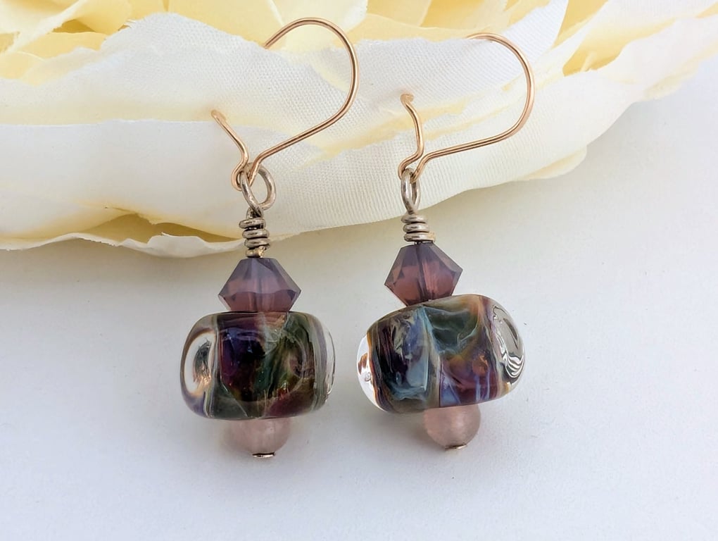 Glass Lampwork Drop Earrings: Swarovski Crystal, Gold Filled Earwires