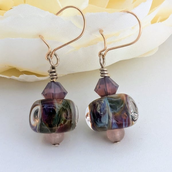 Glass Lampwork Drop Earrings: Swarovski Crystal, Gold Filled Earwires
