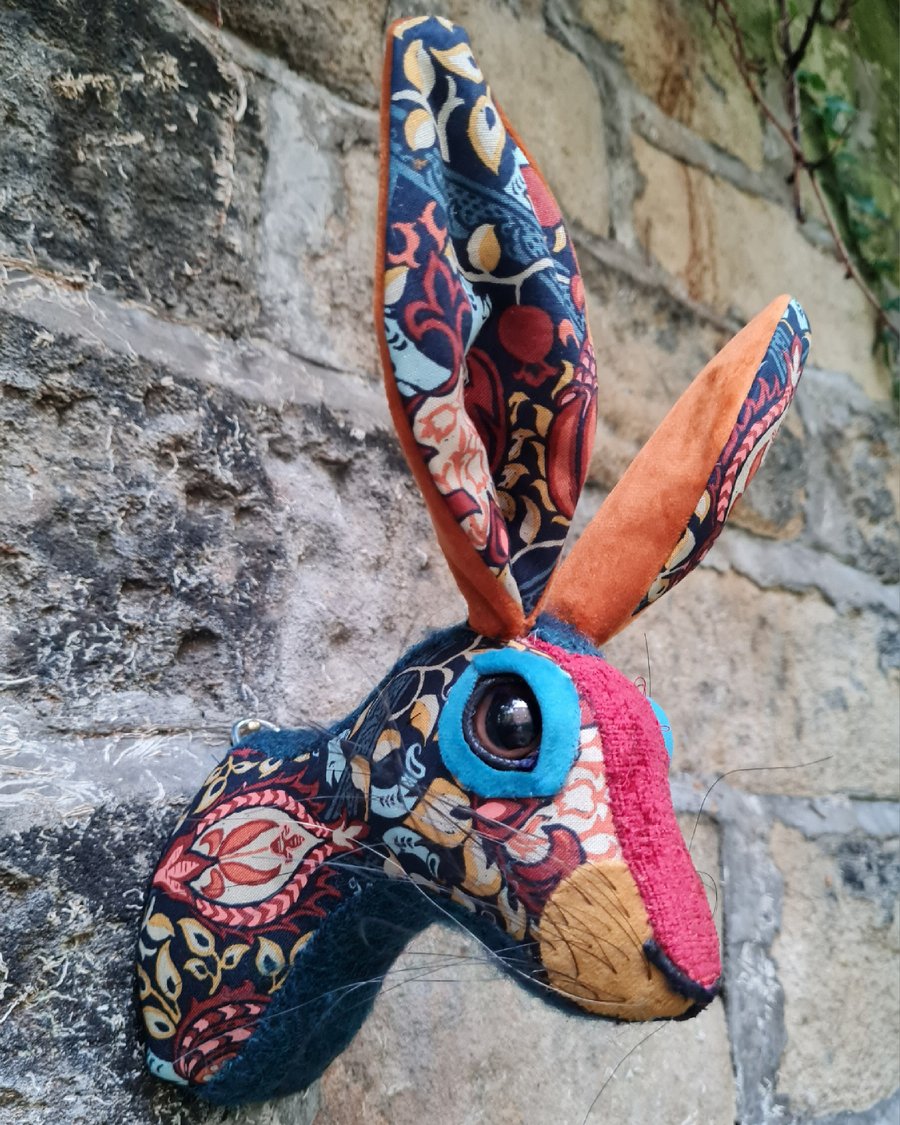 Faux hare head wall mount in William Morris fabric