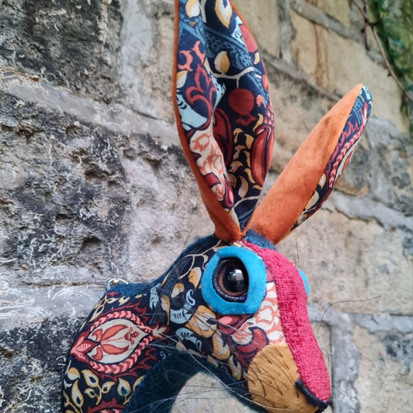 Faux hare head wall mount in William Morris fabric