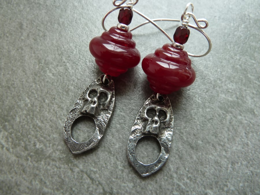 sterling silver, red lampwork glass and pewter catacomb earrings