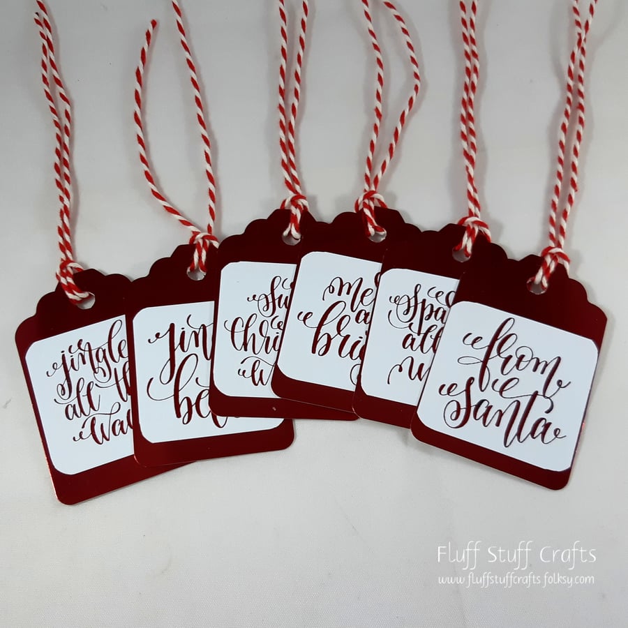 Pack of 6 Christmas gift tags - red foiled swirly Christmas greetings