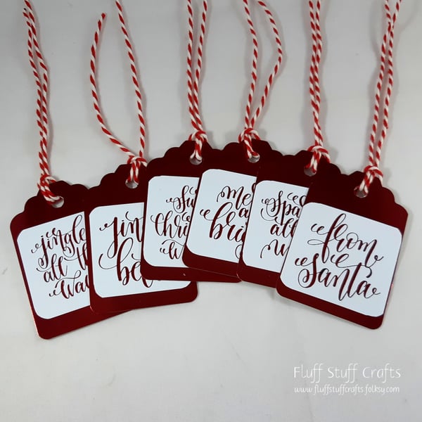 Pack of 6 Christmas gift tags - red foiled swirly Christmas greetings