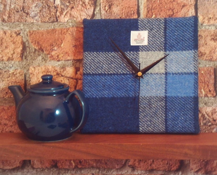 Harris Tweed square clock blue and white check fabric housewarming gift