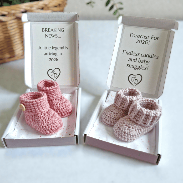 2026 Pregnancy Announcement Crochet Booties – Letterbox Gift Box