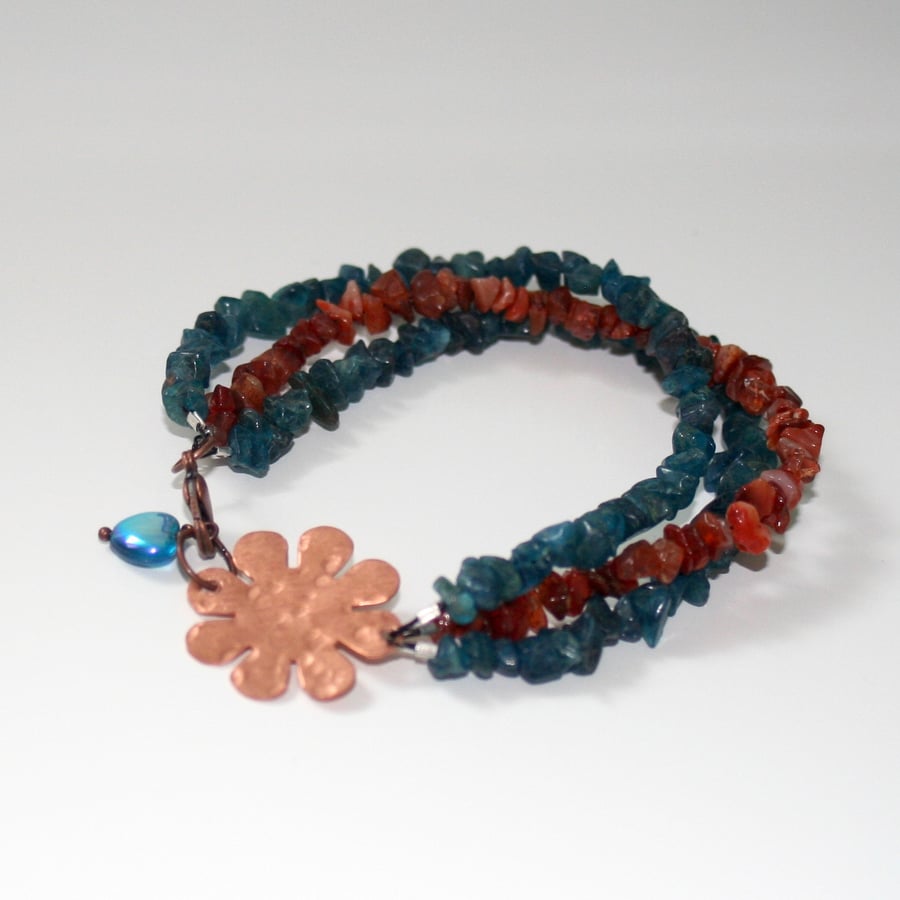 Neon apatite, carnelian and copper flower multistrand bracelet