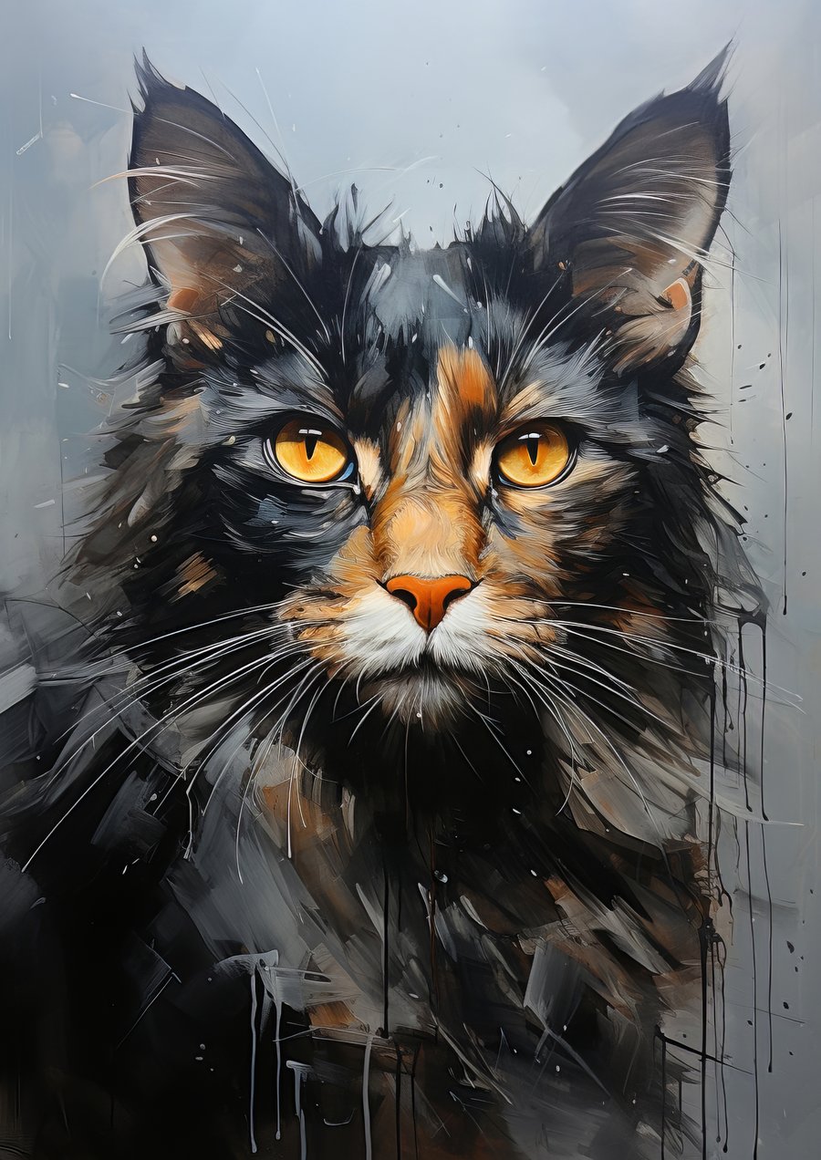 Intense Feline Gaze Art Print - Striking 5x7 Oil Painting for Cat Lovers