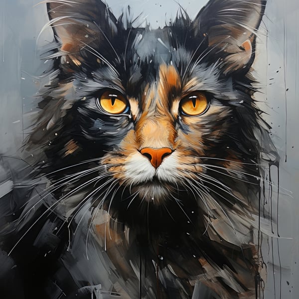 Intense Feline Gaze Art Print - Striking 5x7 Oil Painting for Cat Lovers
