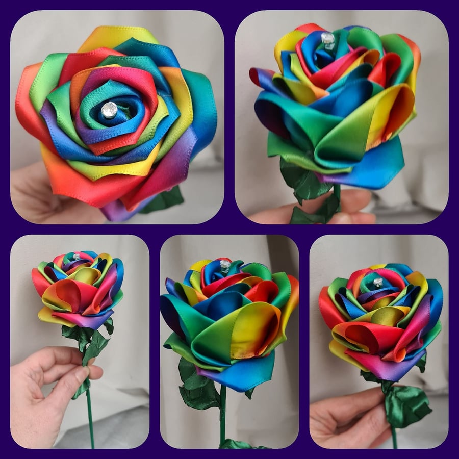 Gorgeous Rainbow Ribbon Rose - Long Stem Artificial Forever Flower Gift