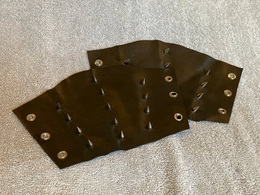 Small Pair of Chrome Spiked Black Leather Bracers - (sold with lacing)