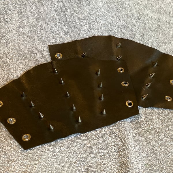 Small Pair of Chrome Spiked Black Leather Bracers - (sold with lacing)