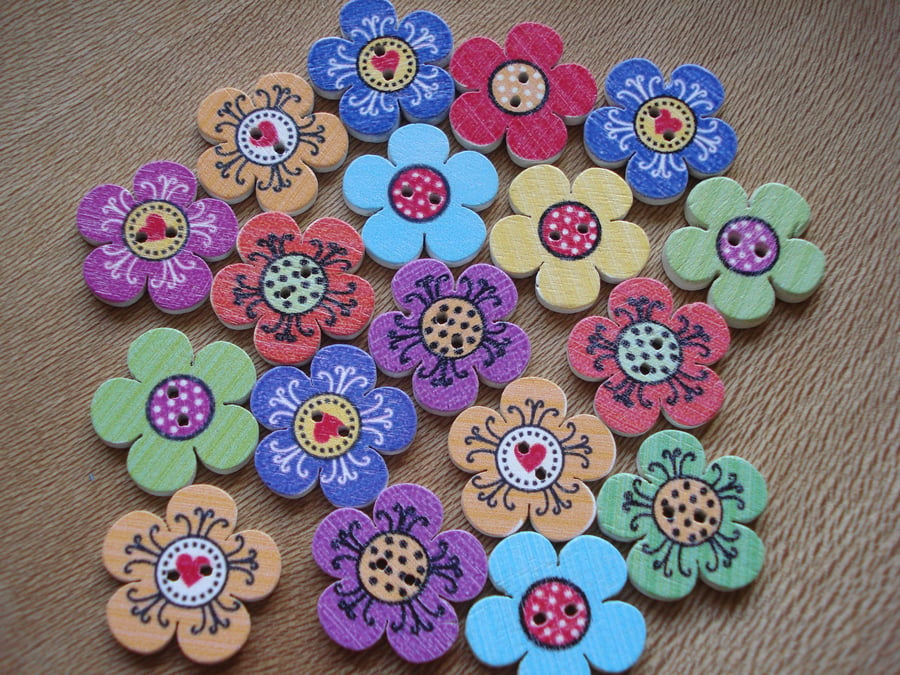 50 Wooden Flower Buttons, Craft Buttons