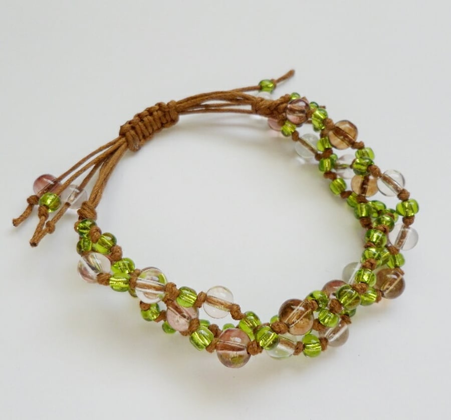 Green 3 Strand Beaded Macrame Style Bracelet