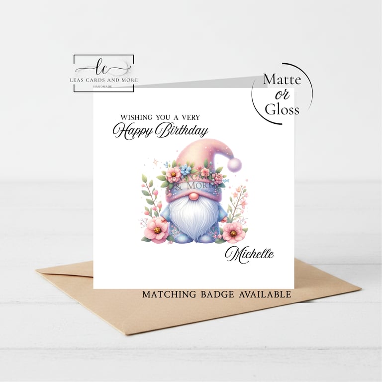 Grey Floral Gnome Happy Birthday Card
