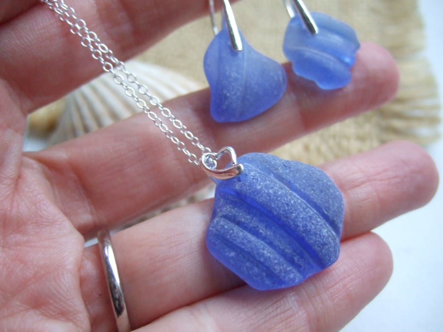 Scottish sky blue sea glass earring and necklace set, sterling silver blue set