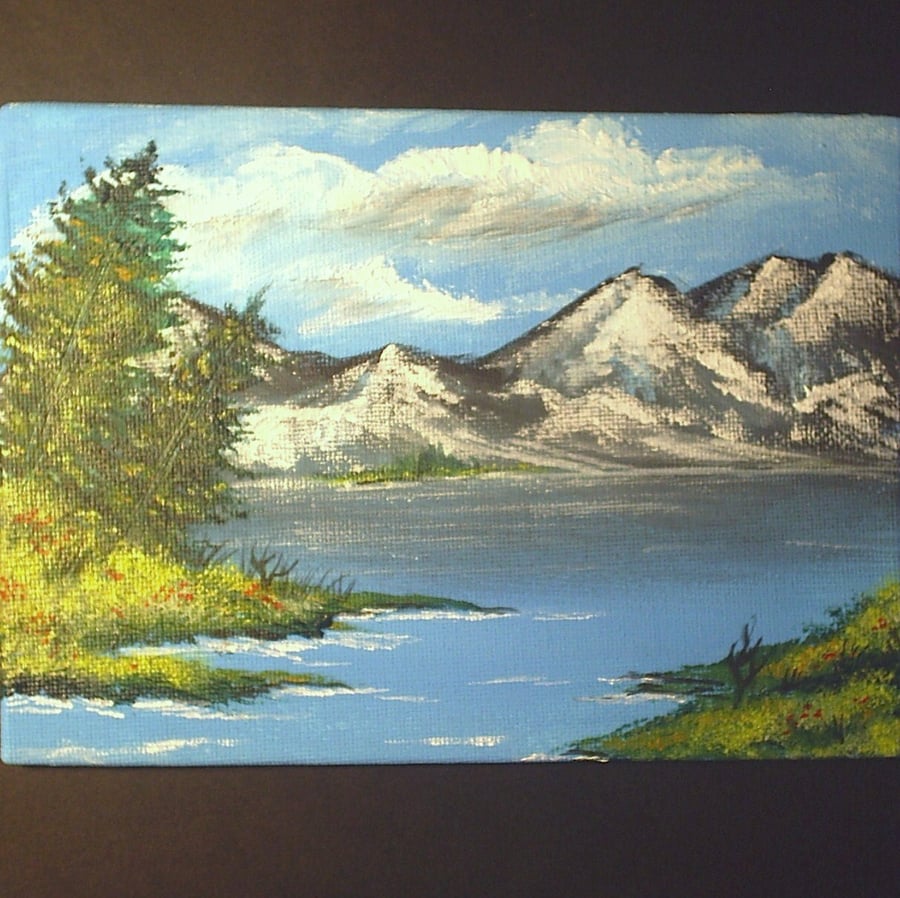 Art painting aceo original paintings acrylic mountain lake landscape 143