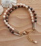 Double Strand Bracelet - Peach and Brown Pearls with Quartz - Adjustable Clasp - Image 5