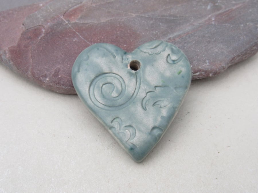 Medium Sage Green Brocade Texture Heart Shaped Ceramic Pendant
