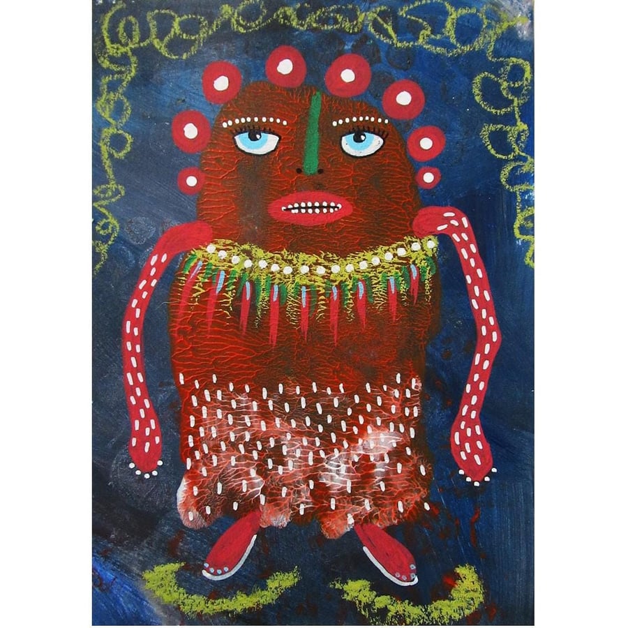 Red Monster Painting Outsider Folk Art Weird Figure Small Raw Primitive Artwork