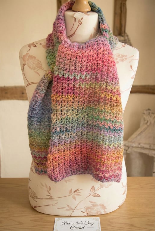 Pretty Variegated Crocheted Scarf - Soft Scarf- Beautiful pastel scarf