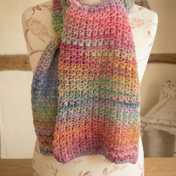 Pretty Variegated Crocheted Scarf - Indoor Scarf- Beautiful pastel colours scarf