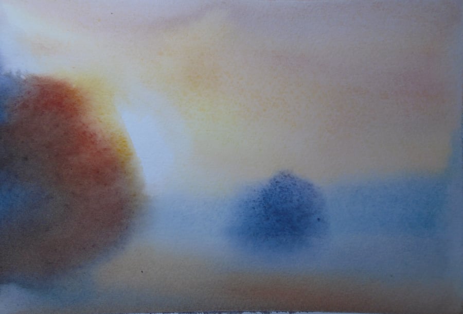 Hay bales misty summer morning (PURE ORIGINAL WATERCOLOUR) Mounted 14" x 11"