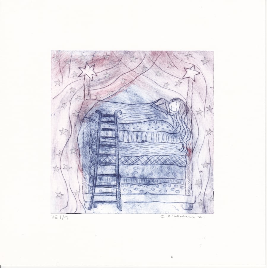 The Sleeping Princess - blues and purple - Drypoint Etching  