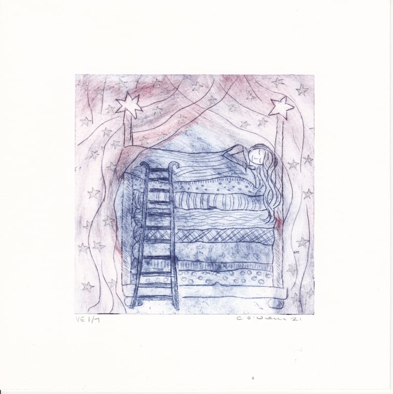 The Sleeping Princess - blues and purple - Drypoint Etching  