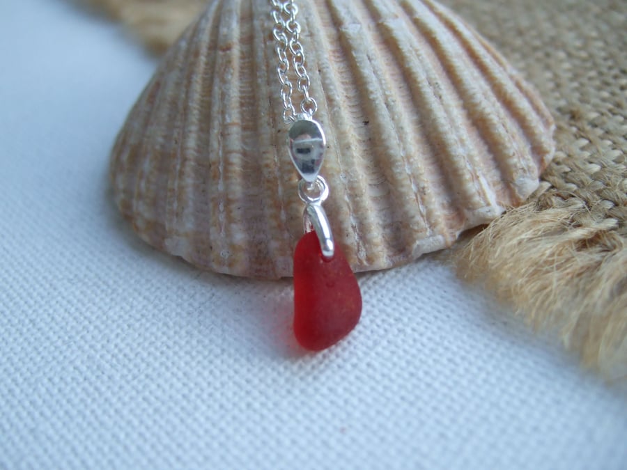 Seaham sea glass cherry red petite pendant, beach found glass necklace