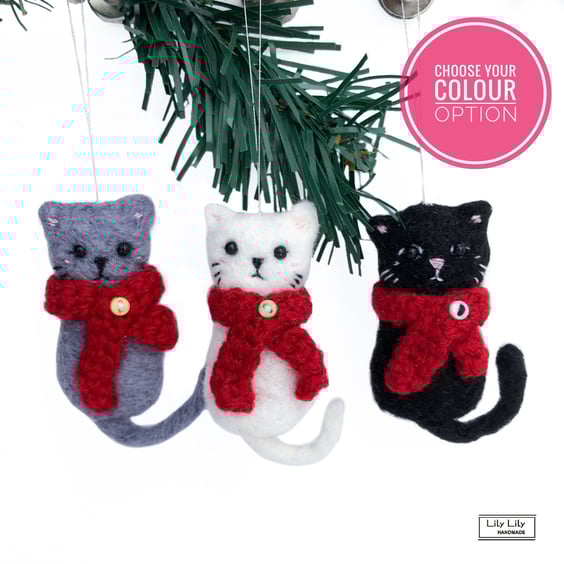 1 Cat Christmas Decoration, colour choice, needle felted by Lily Lily Handmade 