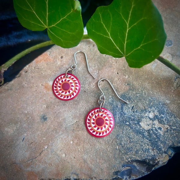 Red, Orange, and White Concave Upcycled Tin Earrings