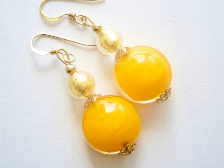 Murano glass yellow and gold drop earrings with gold filled earwires.
