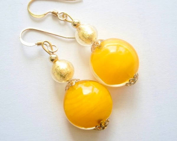 Murano glass yellow and gold drop earrings with gold filled earwires.