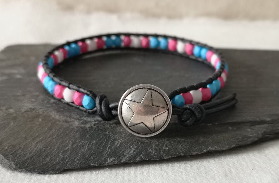 Transgender colours bead and leather bracelet, LGBTQ 