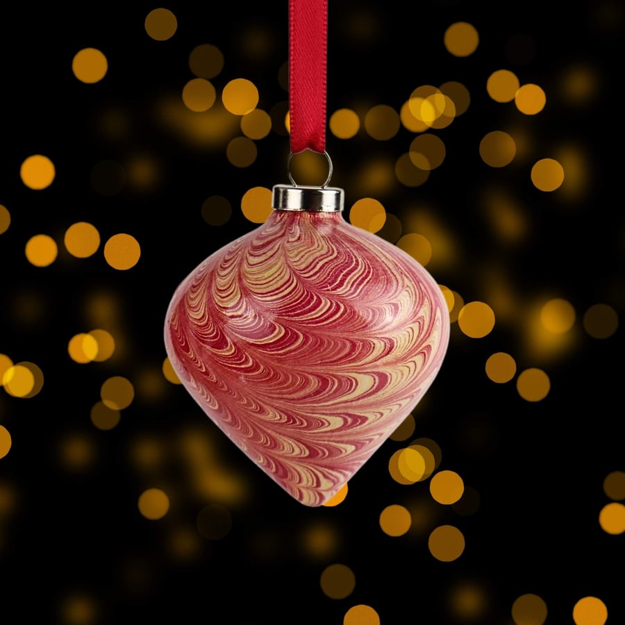 Ceramic Christmas bauble crimson and gold nonpareil drop shape hand marbled